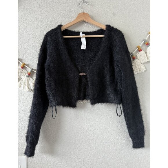 Fabletics Black Fuzzy Knit Flame Cropped Cardigan Grunge Y2k Whimsygoth Cozy M - Picture 1 of 9